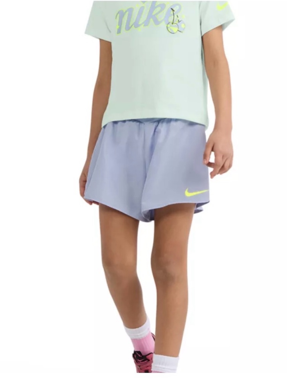 Nike Light Purple Girls' Athletic Shorts with Neon Yellow Swoosh